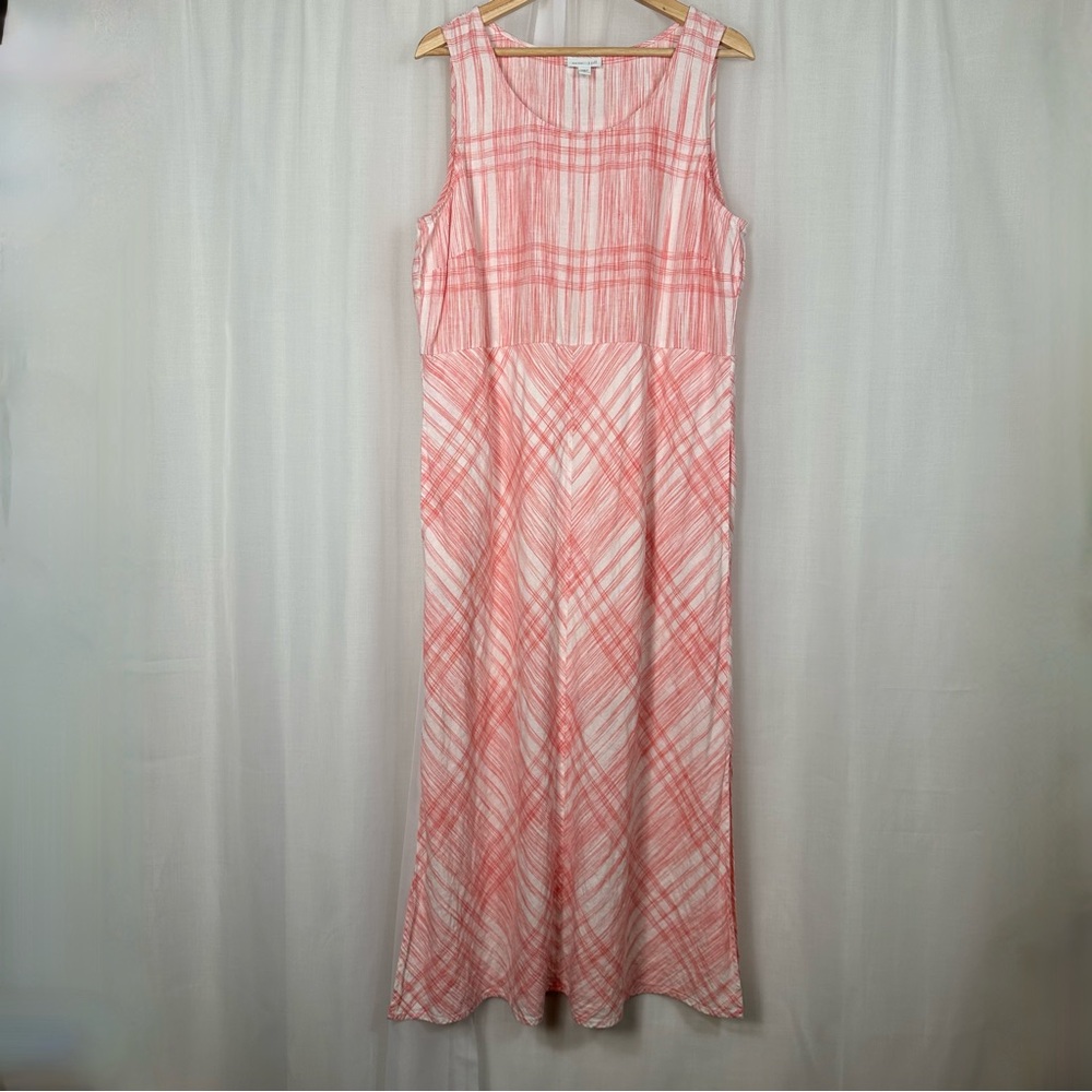 J Jill Love Linen Maxi Dress Large Coral Plaid Sleeveless Lined Pockets Coastal